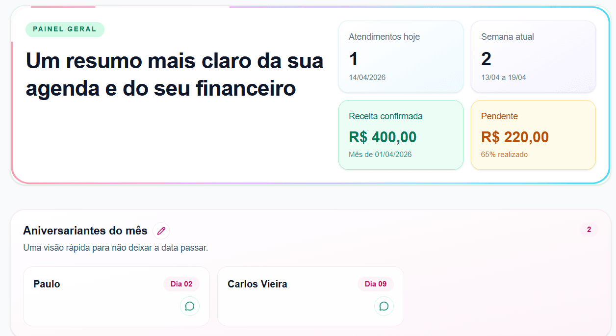 Dashboard financeiro do GerenciaPsi